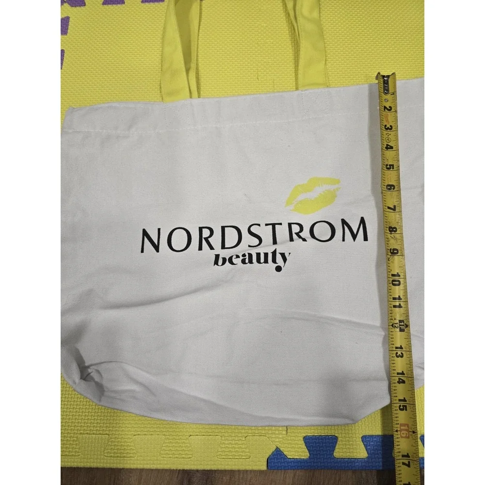 NORDSTROM beauty Canvas Tote Bag - White with Bright Yellow Handles & Lip Print!
